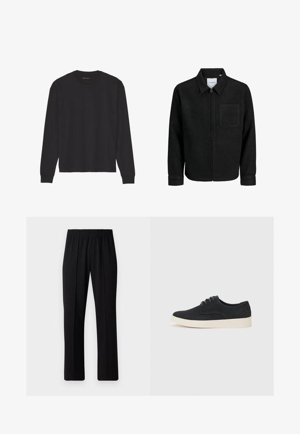 Black zip-up jacket with collar and single chest pocket, displayed on white background.; Black long-sleeve T-shirt made from soft cotton. Features a classic round neck, ribbed cuffs, and a relaxed fit. Simple design, no patterns.; Black, elastic-waist trousers with a straight-leg design, featuring a smooth texture and no visible patterns or hardware.; Black suede lace-up shoe with a rounded toe, lightweight cream sole, and subtle blue stitching accents on the upper.