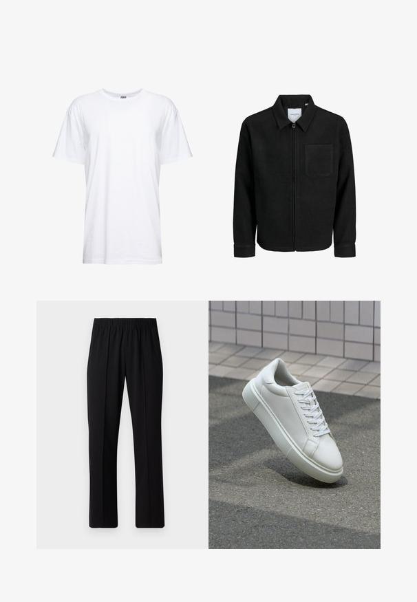 Black zip-up jacket with collar and single chest pocket, displayed on white background.; White cotton t-shirt with a round neckline and short sleeves. The fabric is smooth with a relaxed fit and no visible graphics or patterns.; Black, elastic-waist trousers with a straight-leg design, featuring a smooth texture and no visible patterns or hardware.; White leather sneaker with a smooth surface, round toe, and flat white laces. Features a textured rubber sole and minimal design elements.