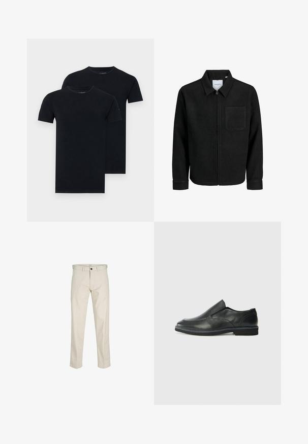 Chaqueta negra con cremallera y cuello, con un solo bolsillo en el pecho, expuesta sobre un fondo blanco.; Dos camisetas negras apiladas, con un clásico cuello redondo y mangas cortas, hechas de una tela suave y ligera.; Pantalones de algodón beige con corte recto, cierre de botones, bolsillos frontales y costuras cosidas. Textura suave, detalles mínimos y sin patrones.; Zapato negro de cuero sin cordones con un upper suave, detalles de costura, punta redonda y un bajo tacón de goma. La suela presenta una tracción mínima.