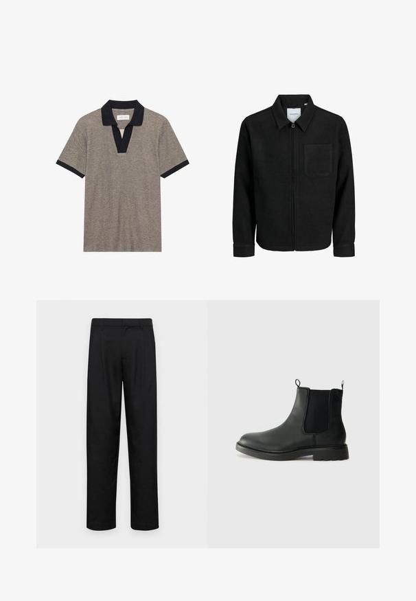 Sort lynlåsjakke med krave og en enkelt brystlomme, vist på hvid baggrund.; Kortærmet polo skjorte i et struktureret, beige stof med en kontrasterende sort krave og knapstolpe. Har en V-hals design og tætsiddende ærmer.; Sorte bukser lavet af glat stof, med et lige ben-design, to frontfolder og en standard talje med bæltestropper.; Sorte læder chelsea støvler med elastiske sidepaneler, trækflapper, rund tå og tekstureret gummisål. Glat overflade og robust design.