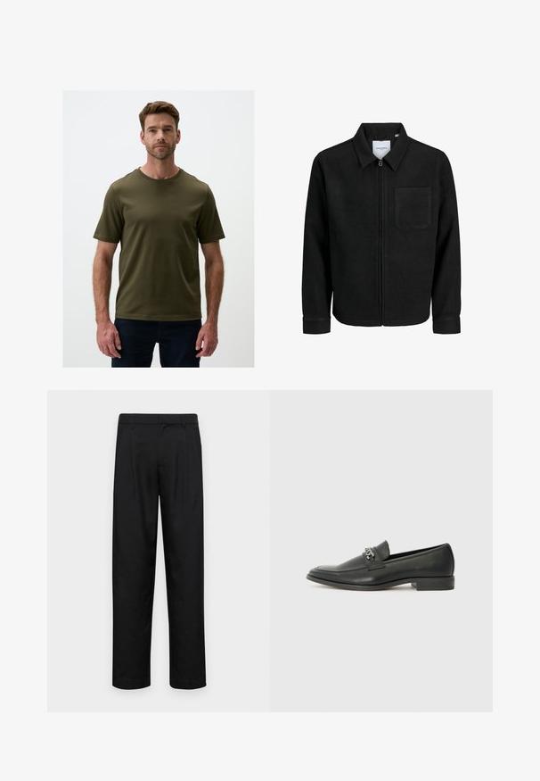 Giacca nera con zip, colletto e una tasca sul petto, mostrata su sfondo bianco.; T-shirt verde oliva scuro a maniche corte con scollatura rotonda, realizzato in tessuto morbido; presenta cuciture minime e una vestibilità rilassata.; Pantaloni neri realizzati in tessuto liscio, caratterizzati da un taglio dritto, due pieghe frontali e una vita standard con passanti per la cintura.; Mocassino in pelle nera con finitura liscia, caratterizzato da un design cucito e da un accento decorativo in catena metallica sul vamp. Tacco piatto.