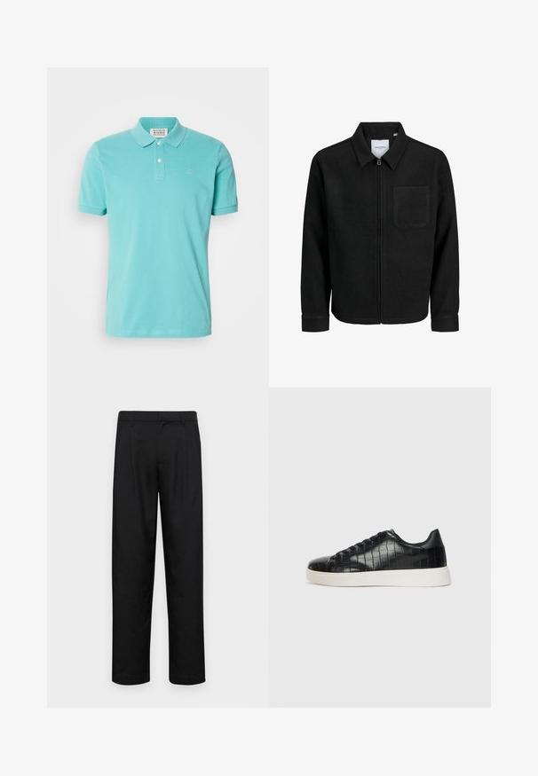Svart zip-jacka med krage och en enda bröstficka, visad på vit bakgrund.; Turkos polo-shirt i bomull, kortärmad, med två knappar i kragen, diskret broderad logotyp på bröstet, slät textur.; Svarta byxor i slät väv, med rak ben-design, två framfickor och standardmidja med bälteshällor.; Svarta sneakers med en texturerad läderöverdels i krokodilprägling, rund tå och en kontrasterande vit gummisula med en slät yta.