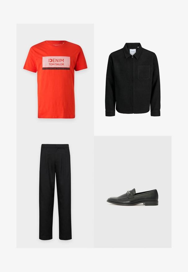 Melna jaka ar rāvējslēdzēju un apkakli, vienu krūšu kabatu, parādīta uz baltas fona.; Sarkana kokvilnas T-kreklu ar īsām piedurknēm, kura priekšā ir balta taisnstūra grafika ar uzrakstiem "DENIM TOM TAILOR" un "ESTABLISHED TWO THOUSAND SEVEN" melnā krāsā.; Melnas bikses, izgatavotas no gludas auduma, ar taisnu kāju dizainu, divām priekšējām krokām un standarta jostu, kurai ir āķi.; Melna ādas loafer izmēra apavi ar gludu virsmu, piedāvā ar šūtu dizainu un dekoratīvu metāla ķēdes akcentu pār vampu. Plakana papēža daļa.