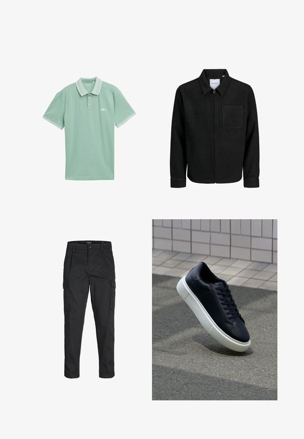 Czarna kurtka z zamkiem na całej długości, z kołnierzem i jedną kieszenią na piersi, umieszczona na białym tle.; Jasnozielona koszulka polo wykonana z miękkiego materiału, z klasycznym kołnierzykiem z kontrastowym białym wykończeniem i małym logo na klatce piersiowej.; Czarne spodnie cargo wykonane z wytrzymałego materiału, z wieloma kieszeniami, zapięciem na guzik oraz zwężanym krojem nogawek.; Czarne skórzane sneakersy z okrągłym noskiem i białą gumową podeszwą. Posiadają płaskie sznurowadła i minimalne przeszycia na cholewce. Teksturowana podeszwa zapewnia przyczepność.