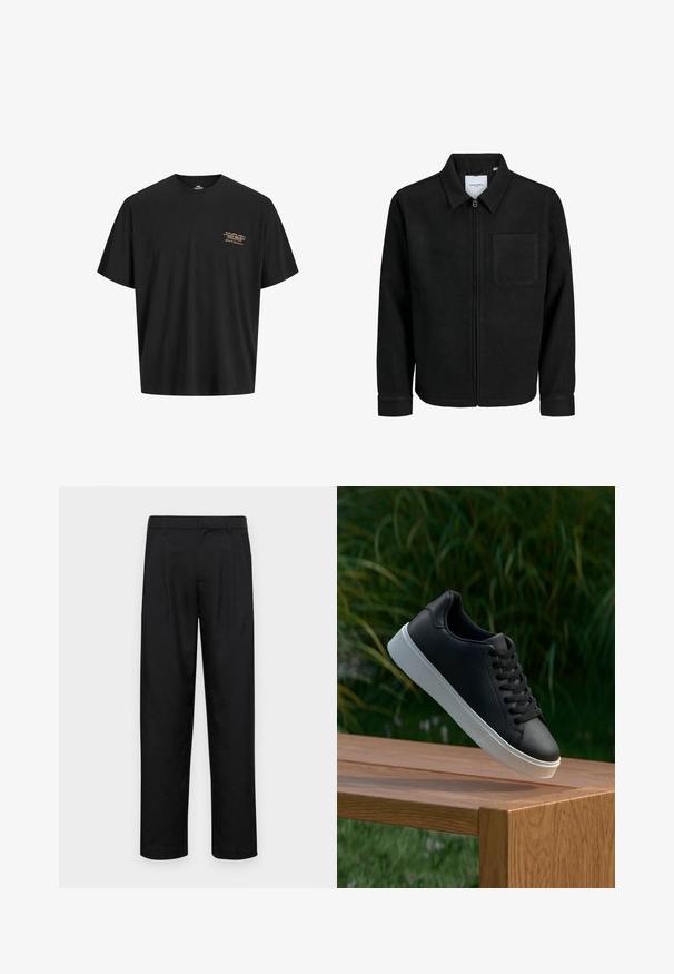 Sort lynlåsjakke med krave og en enkelt brystlomme, vist på hvid baggrund.; Sort bomulds T-shirt med afslappet pasform. Har et lille, guldfarvet logo trykt på venstre bryst. Korte ærmer og rund halsudskæring.; Sorte bukser lavet af glat stof, med et lige ben-design, to frontfolder og en standard talje med bæltestropper.; Sort lædersneaker med en glat overflade, hvid gummisål og seks øjer til snørebånd, præsenteret på en træoverflade.