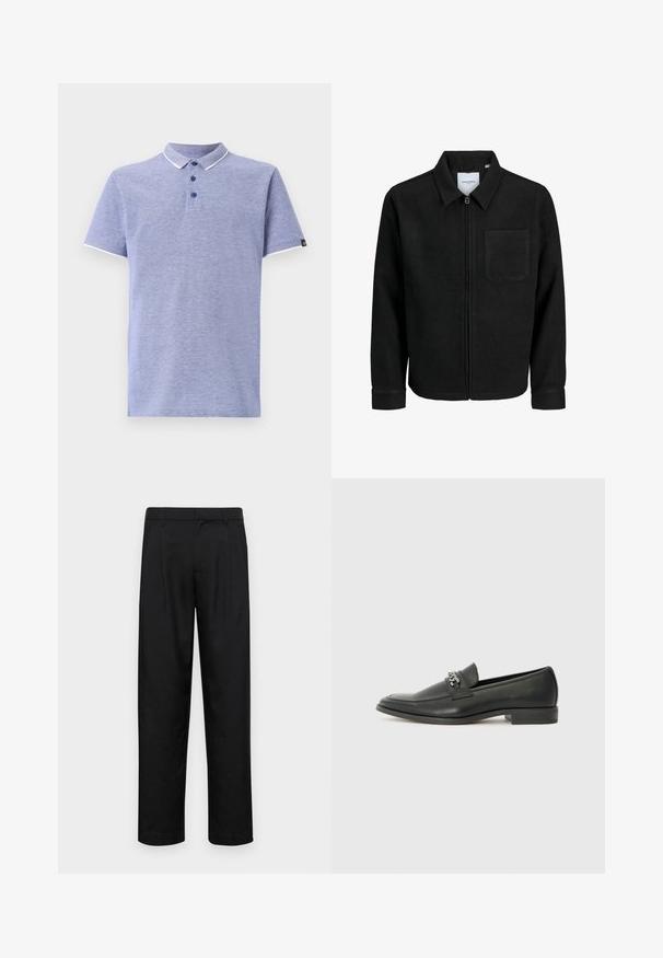 Fekete, zipzáros dzseki gallérral és egyetlen mellzsebbel, fehér háttéren.; Világoskék, rövid ujjú pólóing, gallérral, három gombos záródással és kontrasztos fehér díszítéssel a galléron és az ujjakon.; Fekete nadrág sima anyagból, egyenes szárú fazonnal, két elülső redővel és közönséges derékkal, övhurkokkal.; Fekete bőr loaferek sima felülettel, varrott mintával és díszítő fém lánccal a cipő elején. Lapos sarok.