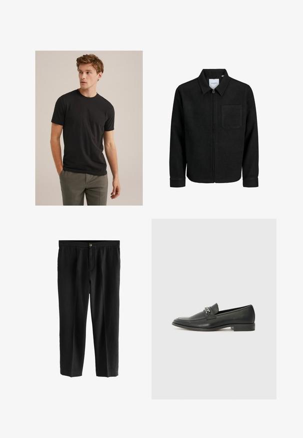Juodas džemperis su užtrauktuku, apykakle ir vienu krūtiniu kišenėje, pristatytas baltame fone.; Jaunas vyras su šviesiai ruda garbanota šukuosena, vilkintis juodą marškinėlį trumpomis rankovėmis ir pilkas kelnes, žiūri į kairę, laikydamas rankas kišenėse.; Juodos kelnės iš lengvos medžiagos, su tiesiomis kojomis, klostuota priekyje ir vienu sagtimi juosmens srityje.; Juodos odinės loafer tipo bateliai su lygiu paviršiumi, turintys siuvinėtą dizainą ir dekoratyvų metalo grandinėlės akcentą ant batų viršaus. Plokščias kulnas.