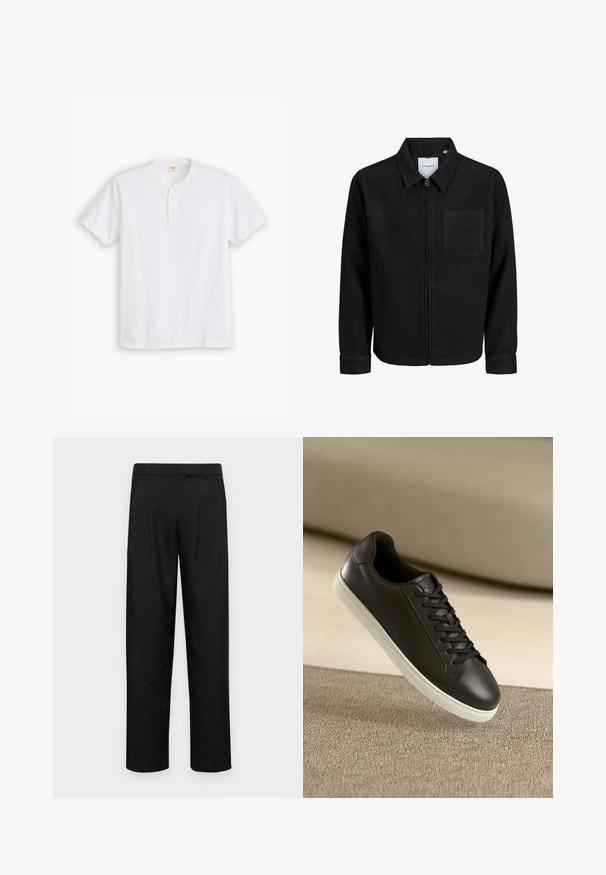 Fekete, zipzáros dzseki gallérral és egyetlen mellzsebbel, fehér háttéren.; Fehér, rövid ujjú henley póló, pamutból készült, kerek nyakkivágással, három gombos kivágással és egy diszkrét logóval a mellrészen.; Fekete nadrág sima anyagból, egyenes szárú fazonnal, két elülső redővel és közönséges derékkal, övhurkokkal.; Fekete bőr sportcipő fehér gumitalppal és fekete fűzőkkel, bézs szövetfelületen és háttérben elhelyezve.
