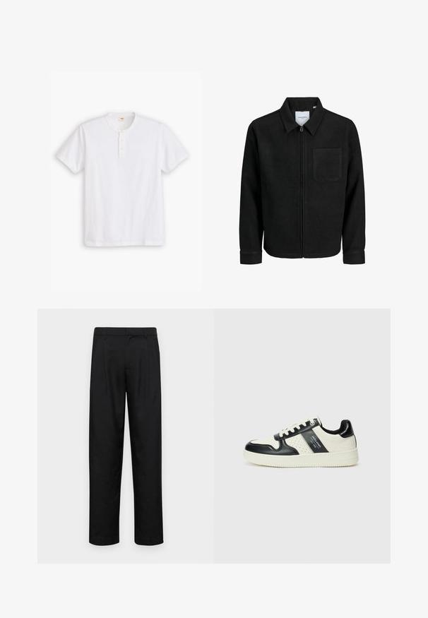 Črna jakna z zadrgo in ovratnikom ter enim žepom na prsih, prikazana na beli podlagi.; Bela kratka majica henley iz bombaža, z okroglim izrezom, tri gumbi in diskretnim logotipom na prsih.; Črne hlače iz gladkega materiala, s krojem ravne noge, dvema sprednjima pregiboma in standardnim pasom z zankami za pas.; Usnjeni športni čevlji z črno in krem barvno shemo, ki vključujejo perforirane dodatke, podložen ovratnik in strukturirano podplat.