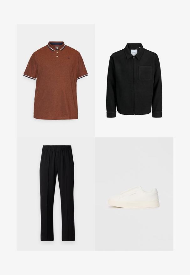 Sort lynlåsjakke med krave og en enkelt brystlomme, vist på hvid baggrund.; Brun polo T-shirt lavet af tekstureret stof, med en marineblå krave med hvid kant, tre knapper og et lille logo på brystet.; Sorte bukser med elastisk talje og lige ben, der har en glat tekstur og ingen synlige mønstre eller hardware.; Hvide slip-on sneakers med en struktureret overflade, en tyk sål og et minimalistisk design. Har brandlogoet på siden.