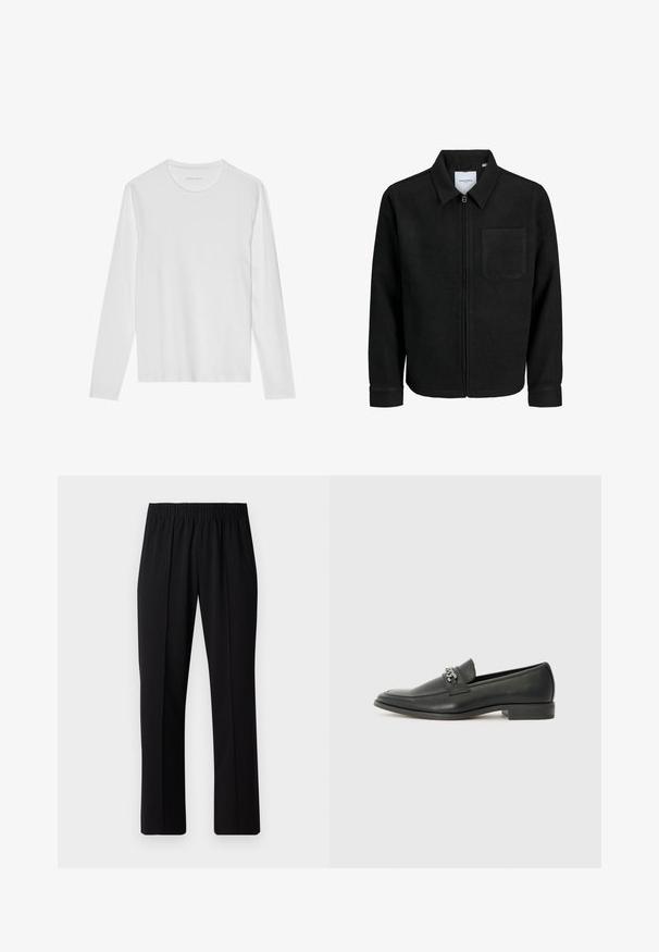 Giacca nera con zip, colletto e una tasca sul petto, mostrata su sfondo bianco.; Maglietta a maniche lunghe bianca in morbido cotone, con scollo rotondo e una texture liscia senza motivi o dettagli visibili.; Pantaloni neri con vita elasticizzata e design a gamba dritta, caratterizzati da una texture liscia e senza motivi o hardware visibili.; Mocassino in pelle nera con finitura liscia, caratterizzato da un design cucito e da un accento decorativo in catena metallica sul vamp. Tacco piatto.