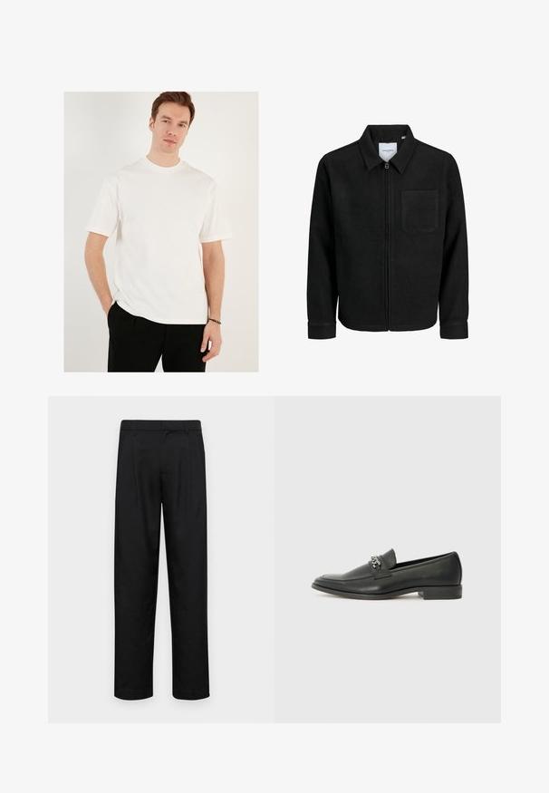 Black zip-up jacket with collar and single chest pocket, displayed on white background.; White short-sleeve t-shirt made of cotton, featuring a round neckline and relaxed fit. Worn with black trousers, plain texture, no patterns.; Black trousers made of smooth fabric, featuring a straight-leg design, two front pleats, and standard waistband with belt loops.; Black leather loafer with a smooth finish, featuring a stitched design and a decorative metal chain accent across the vamp. Flat heel.