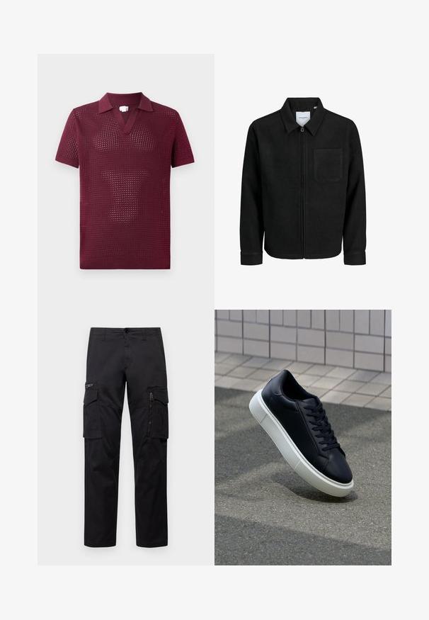 Melna jaka ar rāvējslēdzēju un apkakli, vienu krūšu kabatu, parādīta uz baltas fona.; Burgundijas īsām piedurknēm polo krekls ar teksturētu atvērtu audumu, ar V veida kakla izgriezumu un strukturētu apkakli, izgatavots no viegla adīta materiāla.; Melnas cargo bikses ar vairākiem kabatām, ar rāvējslēdzēju kabatu uz augšstilba, taisnu piegriezumu un izturīgu kokvilnas audumu ar vieglu spīdumu.; Melnas ādas kedas ar noapaļotu pirkstu un baltu gumijas zoli. Iespējas - plakanas šņorītes un minimāla apdare augšdaļā. Struktūrēta zole, lai nodrošinātu saķeri.