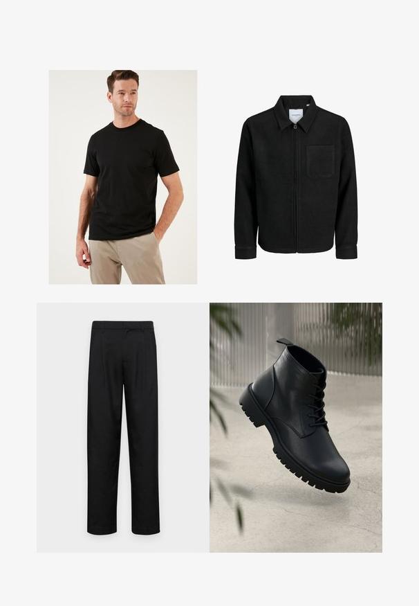 Črna jakna z zadrgo in ovratnikom ter enim žepom na prsih, prikazana na beli podlagi.; Črna kratkotrajna majica s kratkimi rokavi iz bombažnega materiala s klasičnim okroglim izrezom. Gladka tekstura in prilegajoč dizajn, nosi se z svetlimi hlačami.; Črne hlače iz gladkega materiala, s krojem ravne noge, dvema sprednjima pregiboma in standardnim pasom z zankami za pas.; Črne usnjene gležnjarje z zaobljenim nosom, s vezalkami in trdim gumijastim podplatom. Gladka tekstura z zanko na hrbtni strani.