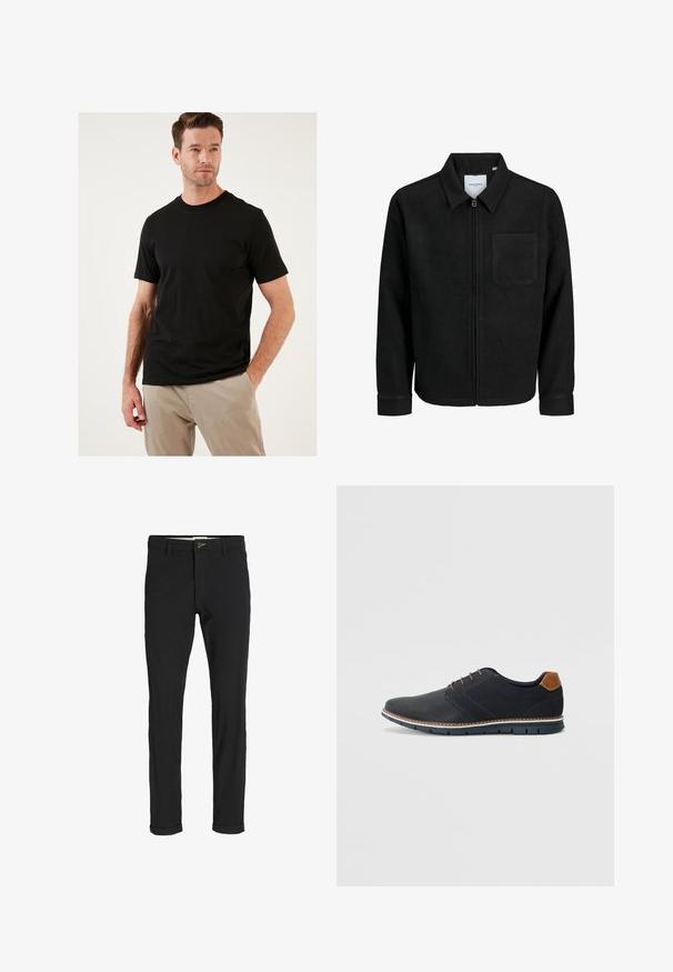 Mustaga lukuga jakker, millel on krae ja üks rinna-tasku, esitatud valgel taustal.; Musthave mustavalge lühikeste varrukatega T-särk, mis on valmistatud puuvillast ja millel on klassikaline ümar kaelus. Sujuv tekstuur ja keha lähedane disain, kantud heledate pükstega.; Mustast puuvillasegustest pükstest õhukese lõikega, milles on nööbikinnitus, taskud ja keeratud sääred, et saavutada lõdva lõppviimistluse.; Mustavad sünteetilised jalatsid tekstureeritud pealsega, siledad aktsendid, pruun kand ja kontrastne tall. Omab minimaalset lukkude ja õmbluste dekoratsiooni.