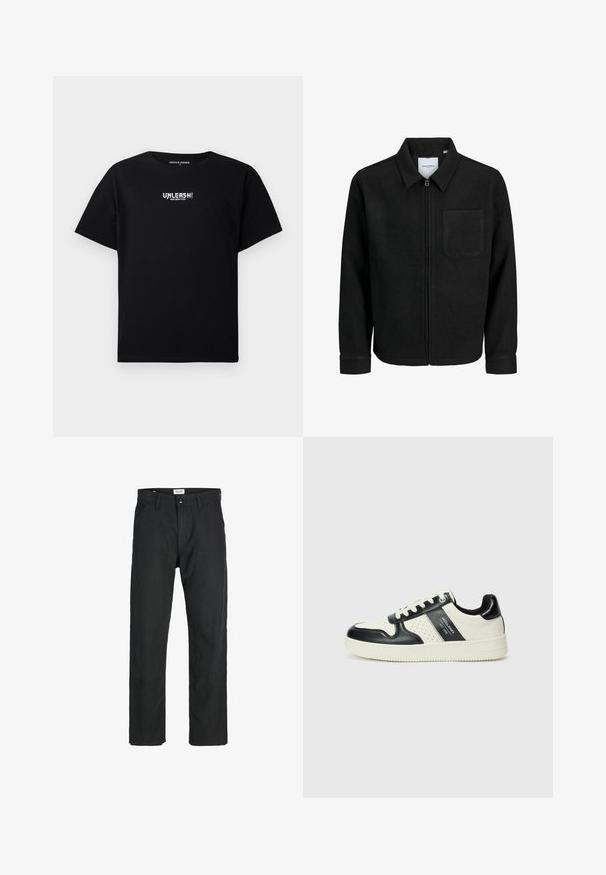 Black zip-up jacket with collar and single chest pocket, displayed on white background.; Black cotton T-shirt featuring short sleeves and a crew neck. The front has a white graphic text "UNLEASH!" printed centrally.; Black pants made of durable fabric, featuring a straight-leg design, stitched accents, and two front pockets for functionality.; Leather sneakers with a black and cream color scheme, featuring perforated accents, a padded collar, and a textured outsole.