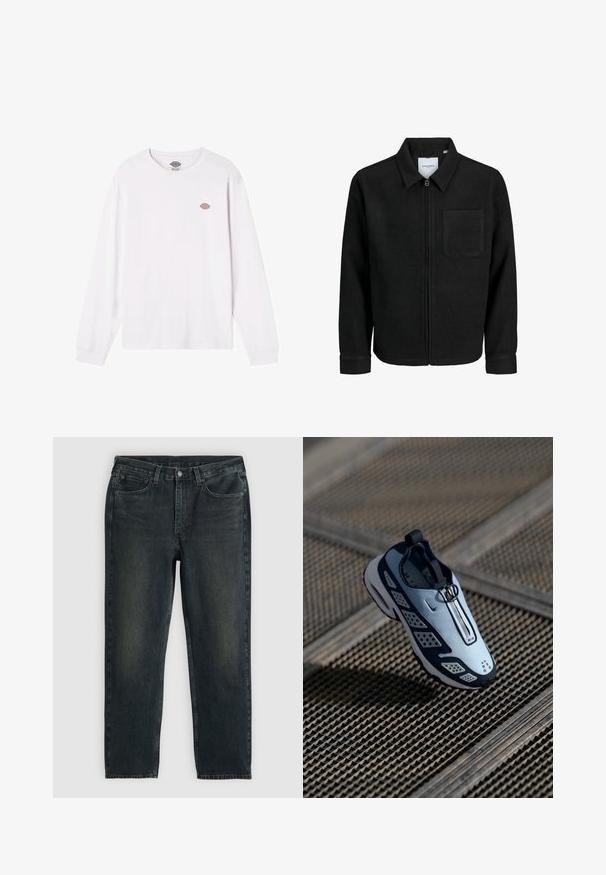 Juodas džemperis su užtrauktuku, apykakle ir vienu krūtiniu kišenėje, pristatytas baltame fone.; Balta ilga rankovė marškinėlių, pagaminta iš medvilnės. Ant krūtinės yra mažas apvalus daugiaspalvis logotipas. Paprastas dizainas su įpjovomis rankovėse.; Tamsiai mėlynos džinsinės kelnės su tiesiu kirpimu, turinčios penkias kišenes, užtrauktuką ir kontrastingas siūles. Audinys šiek tiek nublukęs.; Nike sportbačiai turi beužsegamą dizainą, šviesiai mėlyną viršutinę dalį, juodus akcentus ir perforuotas šonines dalis. Apvalus pirštas ir tekstūruota pado dalis.