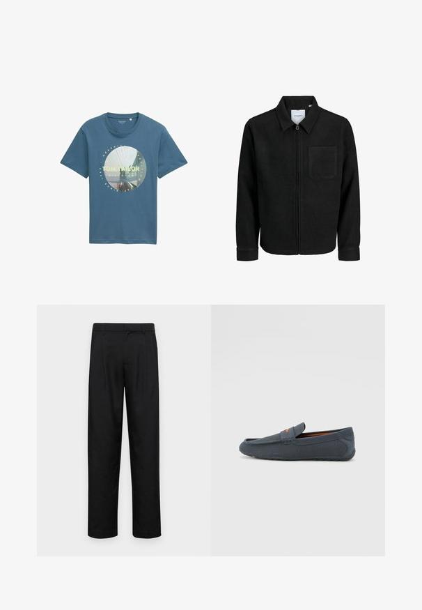 Schwarze Zip-Jacke mit Kragen und einer einzelnen Brusttasche, auf weißem Hintergrund präsentiert.; Blaues Baumwoll-T-Shirt mit einem kreisförmigen Grafikdruck und dem Text "Tom Tailor" in Gelb. Kurze Ärmel, Rundhalsausschnitt und lockere Passform.; Schwarze Hose aus glattem Stoff, mit geradem Bein Design, zwei vorderen Falten und einem Standardbund mit Gürtelschlaufen.; Graue durchbrochene Slipper mit einem Schlupfdesign, featuring einem orangen Akzent, runder Zehenform und strukturiertem Gummisohle.