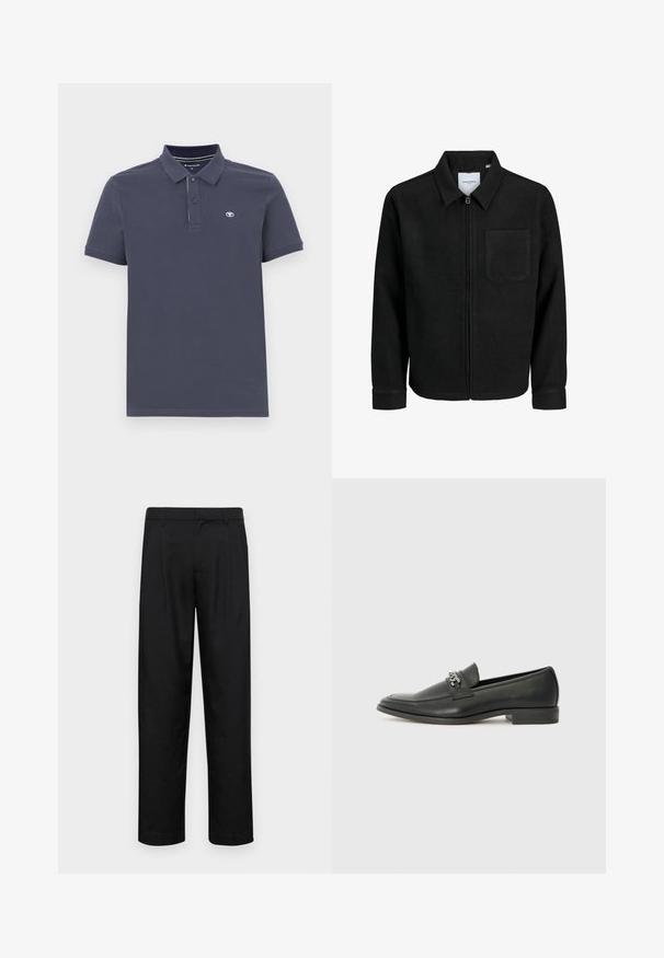 Chaqueta negra con cremallera y cuello, con un solo bolsillo en el pecho, expuesta sobre un fondo blanco.; Polo navy de mezcla de algodón con una tapeta de dos botones, mangas cortas y un pequeño logo bordado en el lado izquierdo del pecho.; Pantalones negros de tela suave, con un diseño de pierna recta, dos pliegues frontales y una cintura estándar con trabillas para el cinturón.; Mocasín de cuero negro con un acabado suave, que cuenta con un diseño de costura y un acento decorativo de cadena de metal en el empeine. Tacón plano.