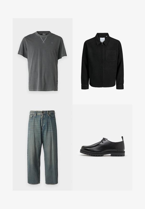 Črna jakna z zadrgo in ovratnikom ter enim žepom na prsih, prikazana na beli podlagi.; Siva bombažna majica s krojem okroglega vratu, kratkimi rokavi in teksturiranim vratnim izrezom. Ima majhen logotip na prsih in podrobnost ob robu.; Svetlomoderne kavbojke z ohlapnim krojem, srednjim pasom in ravnimi nogami. Imajo pet žepov, zanke za pas in zapiranje na gumb.; Črne usnjene čevlje na vezanje z robustnim podplatom in zanko na peti, prikazani s strani na beli podlagi.
