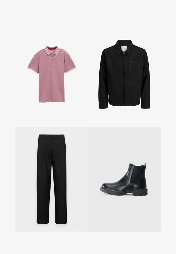 Czarna kurtka z zamkiem na całej długości, z kołnierzem i jedną kieszenią na piersi, umieszczona na białym tle.; Bordowa koszulka polo, krótki rękaw, dzianinowy materiał, zapięcie na dwa guziki, kolorowy kołnierzyk i mankiety w kontrastowych kolorach, logo na piersi.; Czarne spodnie wykonane z gładkiego materiału, z prostą nogawką, dwoma fałdami z przodu oraz standardowym paskiem z wypustkami na pasek.; Czarne skórzane botki Chelsea mają elastyczne boki, zaokrąglony czubek i gumową podeszwę z bieżnikiem. Minimalistyczny design z uchwytem.