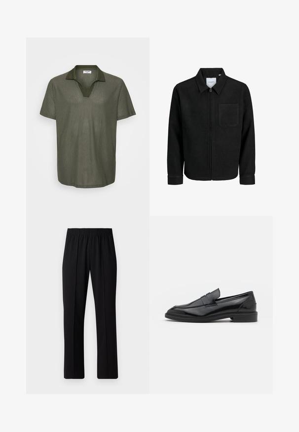 Giacca nera con zip, colletto e una tasca sul petto, mostrata su sfondo bianco.; Polo shirt verde oliva a maniche corte con texture a coste, scollo a V e design del colletto a contrasto. Tessuto leggero con una vestibilità comoda.; Pantaloni neri con vita elasticizzata e design a gamba dritta, caratterizzati da una texture liscia e senza motivi o hardware visibili.; Mocassini in pelle nera con finitura liscia, caratterizzati da una punta tonda e una fascia stretta sulla parte superiore. Tacco basso impilato.