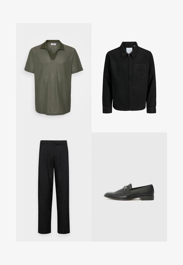 Schwarze Zip-Jacke mit Kragen und einer einzelnen Brusttasche, auf weißem Hintergrund präsentiert.; Olivgrünes Polohemd mit kurzen Ärmeln, gerippter Textur, V-Ausschnitt und kontrastierendem Kragen-Design. Leichter Stoff mit lässiger Passform.; Schwarze Hose aus glattem Stoff, mit geradem Bein Design, zwei vorderen Falten und einem Standardbund mit Gürtelschlaufen.; Schwarzer Lederloafer mit glatter Oberfläche, ausgestattet mit einer gesteppten Gestaltung und einem dekorativen Metallkettendetail über dem Vorderblatt. Flacher Absatz.