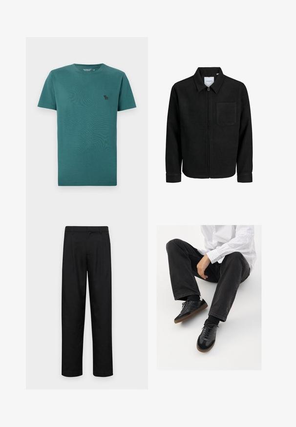 Sort lynlåsjakke med krave og en enkelt brystlomme, vist på hvid baggrund.; Kortærmet T-shirt med rund hals i teal bomuld. Har et lille sort logo på brystet og en glat, blød tekstur.; Sorte bukser lavet af glat stof, med et lige ben-design, to frontfolder og en standard talje med bæltestropper.; Sorte sneakers med en glat og tekstureret overdel, der har en gummisål og mørke snørebånd. Bæret sammen med sorte jeans og en hvid stribet skjorte.