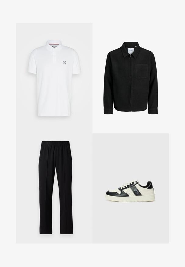 Veste zippée noire avec col et poche poitrine unique, présentée sur fond blanc.; T-shirt polo blanc en coton, avec un col, des manches courtes et un petit emblème sur la poitrine. Design simple, sans motifs ni accents.; Pantalons noirs à taille élastique avec une coupe droite, présentant une texture lisse et sans motifs ni éléments visibles.; Baskets en cuir avec un schéma de couleurs noir et crème, dotées d'accents perforés, d'un col rembourré et d'une semelle texturée.
