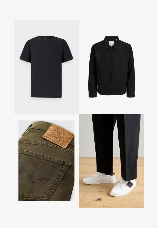 Sort lynlåsjakke med krave og en enkelt brystlomme, vist på hvid baggrund.; Sort t-shirt i et blødt, letvægtsstof med klassisk rund halsudskæring og korte ærmer. Simpelt, ensfarvet design uden mønstre eller accenter.; Olivengrønne Levi's jeans baglomme med brunt læderlabel fra Levi Strauss & Co. som viser størrelse W32 L32.; Hvide sneakers med glat tekstur, prydet med brune læderdetaljer og sorte detaljer, sammen med sorte skræddersyede bukser. Baggrund med trægulv.