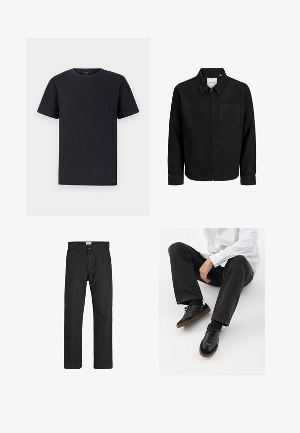 Melna jaka ar rāvējslēdzēju un apkakli, vienu krūšu kabatu, parādīta uz baltas fona.; Melna T-kreklā ar mīkstu, vieglu audumu, klasisku apaļu kakla izgriezumu un īsām piedurknēm. Vienkāršs, gluds dizains bez rakstiem vai akcentiem.; Melnas bikses no izturīga auduma, ar taisna griezuma dizainu, izšūtām akcentiem un divām priekšējām kabatām funkcionālitātei.; Melnas sporta kurpes ar gludu un teksturētu virsu, apgādātas ar gumijas zoli un tumšiem auklām. Saskaņotas ar melniem džinsiem un baltu svītrainu krekls.