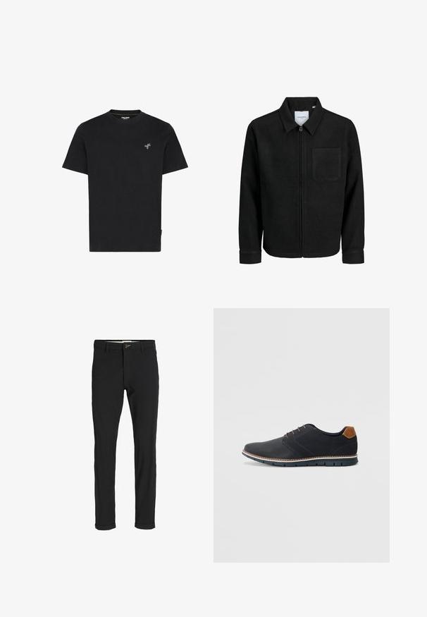 Čierna zipsová bunda s golierom a jednou náprsníkou, vystavená na bielom pozadí.; Čierne bavlnené tričko s okrúhlym výstrihom a krátkymi rukávmi, na ľavej strane hrude s malou zelenou výšivkou palmy.; Čierne nohavice z bavlneného zmesi so štíhlym strihom, s gombíkovým zapínaním, vreckami a založenými manžetami pre ležérny vzhľad.; Čierne syntetické topánky so štruktúrovaným zvrškom, hladkými akcentmi, hnedým opätkom a kontrastnou podrážkou. Majú minimálne šnurovanie a detaily prešitia.