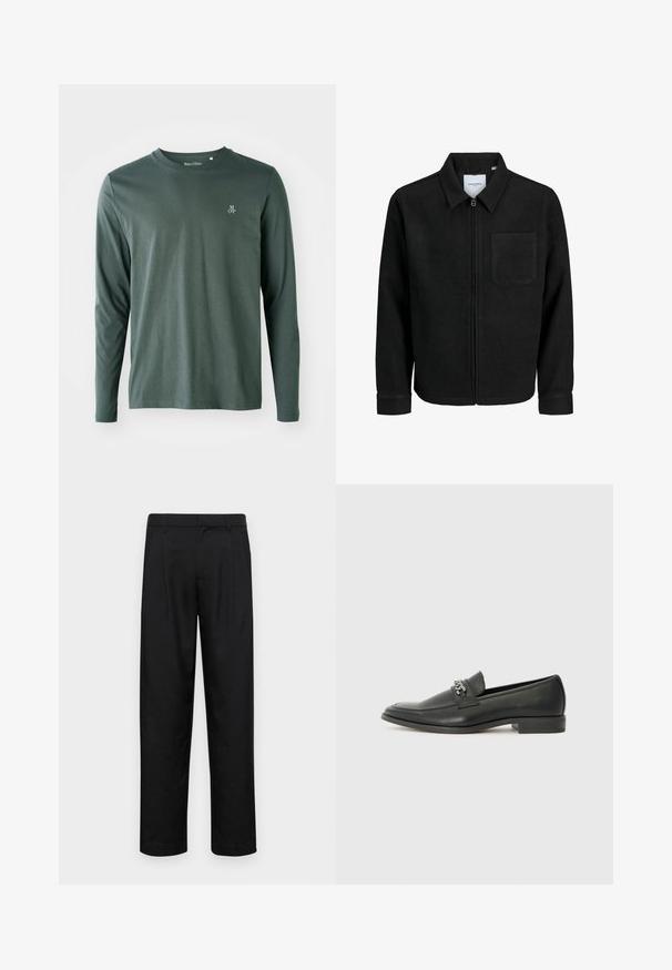 Črna jakna z zadrgo in ovratnikom ter enim žepom na prsih, prikazana na beli podlagi.; Dolga majica iz temnozelene bombažne tkanine s krožnim izrezom, subtilno teksturo in majhnim belim logotipom "M OP" na levi prsni strani.; Črne hlače iz gladkega materiala, s krojem ravne noge, dvema sprednjima pregiboma in standardnim pasom z zankami za pas.; Črni usnjeni loafer z gladko površino, ki ima šivano zasnovo in dekorativni kovinski verižni naglas preko vampirja. Ravno peto.