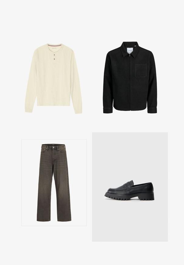 Črna jakna z zadrgo in ovratnikom ter enim žepom na prsih, prikazana na beli podlagi.; Henley majica z dolgimi rokavi v krem barvi, izdelana iz mehkega blaga, s rebrastim okroglim ovratnikom, dvogumbno zapenjanjem in raglan rokavi.; Široke hlače iz temno sive denim tkanine, s wysokim pasom, klasičnim pet-pocket dizajnom in kontrastnim šivom ob šivih.; Črne usnjene loafer čevlje z zaobljenim nosom, ki imajo dekorativni trak in robusten gumijast podplat z globokimi utori za boljši oprijem.