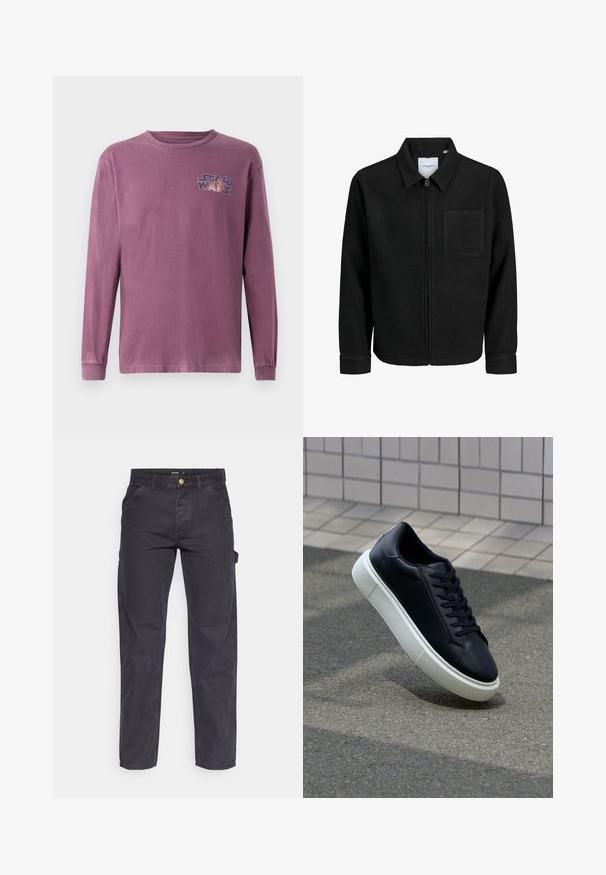 Schwarze Zip-Jacke mit Kragen und einer einzelnen Brusttasche, auf weißem Hintergrund präsentiert.; Langärmliges T-Shirt mit Rundhalsausschnitt aus verblasstem lila Baumwollstoff, mit einem bunten "Star Wars"-Logo auf der linken Brust.; Dunkelgraue Cargo-Hosen aus strapazierfähigem Stoff, mit geradem Bein, fünf Taschen und einem Knopfverschluss an der Taille.; Schwarze Leder-Sneaker mit runder Zehenpartie und weißer Gummisohle. Verfügt über flache Schnürsenkel und minimale Nähte im Obermaterial. Strukturiertes Sohlenprofil für besseren Halt.