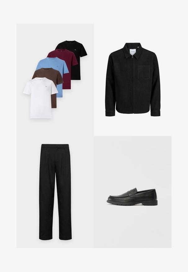 Mustaga lukuga jakker, millel on krae ja üks rinna-tasku, esitatud valgel taustal.; Viis lühikeste varrukatega T-särki valges, pruunis, sinises, burgundis ja mustas. 100% puuvill, ümmargused kaelused ning igaühel on väikesed logod.; Mustad mustadest riietest, millel on sirge jalgade disain, kaks eesmist voltimist ja tavaline vöökoht, millel on vöökohad.; Musthave nahkkingad siledast nahast, mokassiini stiilis ülevalt, tikanditega ja kummist tallaga. Klassikaline disain madala kontsaga.