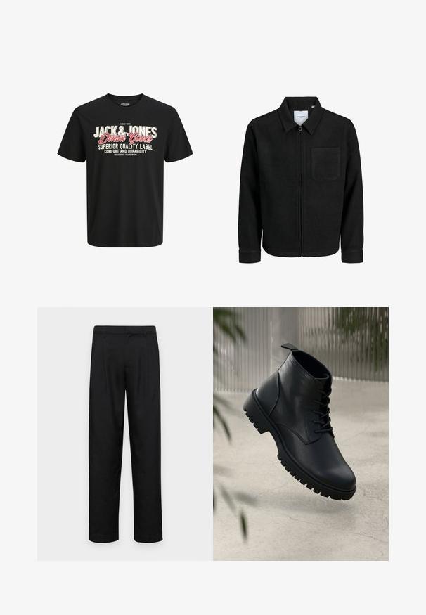 Jachetă neagră cu fermoar, cu guler și un singur buzunar pe piept, expusă pe fundal alb.; Tricou negru din bumbac cu guler rotund. Dispune de inscripții îndrăznețe alb-negru și roșu: "JACK & JONES Denim Goods" și "Etichetă de Calitate Superioară."; Pantaloni negri dintr-un material neted, cu un design drept, două pliuri frontale și un tiv standard cu bucle pentru curea.; Botine din piele neagră până la gleznă, cu vârf rotund, design cu şireturi şi talpă din cauciuc robustă. Textură netedă cu o bandă de prindere în spate.