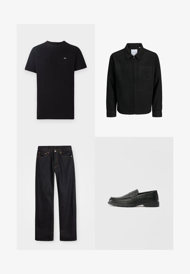 Sort lynlåsjakke med krave og en enkelt brystlomme, vist på hvid baggrund.; Sort bomulds t-shirt med klassisk rund hals, korte ærmer og et lille hvidt logo broderet på venstre bryst.; Mænds lige ben sorte denim jeans med fem lommer og orange syninger, knap- og lynlåslukning foran på taljen.; Sorte læderslippers med en glat finish, mokkasin-stil overdel, syninger og gummisål. Klassisk design med en lav hæl.