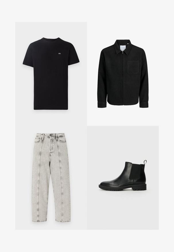 Črna jakna z zadrgo in ovratnikom ter enim žepom na prsih, prikazana na beli podlagi.; Črn bombažni majica s klasičnim okrogłym vratom, kratkimi rokavi in majhnim belim logotipom vezenim na levem prsnem delu.; Sive visoke kavbojke z ohlapnim krojem, ki imajo ravne hlačnice, vidno šivanje in uničen videz.; Jack & Jones JFWHOSKINS - Klasični gležnjarji - anthracite