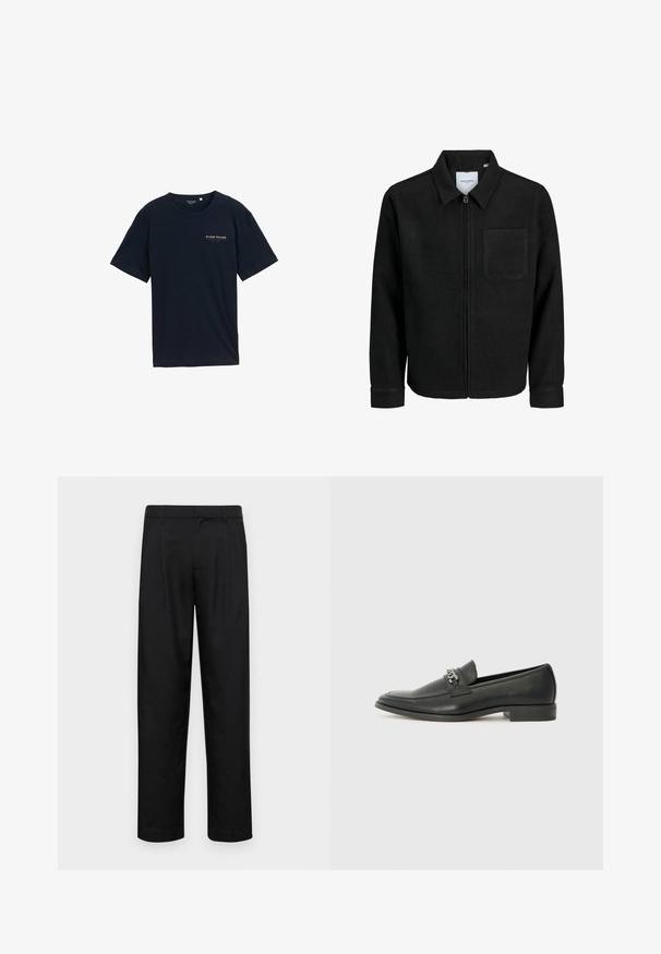 Jachetă neagră cu fermoar, cu guler și un singur buzunar pe piept, expusă pe fundal alb.; Tricou din bumbac bleu închis, cu guler rotund și mâneci scurte. Are un mic logo roșu cu text pe piept. Croi normal, textură fină.; Pantaloni negri dintr-un material neted, cu un design drept, două pliuri frontale și un tiv standard cu bucle pentru curea.; Pantofii negri din piele cu un finisaj neted, având un design cusut și un accent decorativ de lanț metalic peste partea de sus. Toc plat.