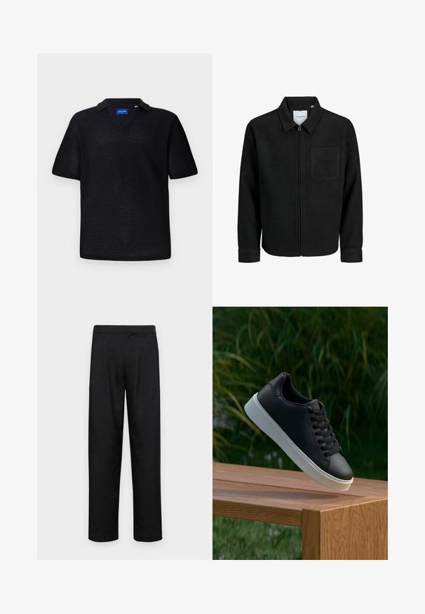 Musta vetoketjullinen takki, jossa on kaulus ja yksi rintatasku, esitelty valkoista taustaa vasten.; Musta lyhythihainen poolopaita, joka on valmistettu rakenteellisesta verkkomateriaalista, jossa on V-kaula-aukko ja kaulus. Suunnittelu on rento ja hengittävä.; Mustat housut, jotka on valmistettu sileästä kankaasta, suoran lahkeen muotoilulla, kahdella etupleekillä ja tavanomaisella vyötäröllä, jossa on vyölenkit.; Musta nahkakengät, joissa on sileä pinta, valkoinen kumipohja ja kuusi aukkoa nauhoille, esillä puupinnalla.