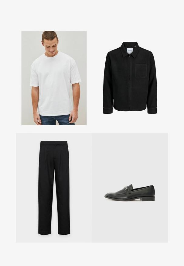 Crna jakna na zip s ovratnikom i jednim džepom na prsima, prikazana na bijeloj pozadini.; Bjela pamučna majica s kratkim rukavima, opuštenog kroja i okruglim izrezom. Bez uzoraka ili ukrasa, prikazana s trapericama.; Crne hlače od glatkog materijala, s dizajnom ravnih nogavica, dva prednja nabora i standardnim pojasom s petljama za remen.; Crna kožna loafer cipela s glatkom finišem, s ušivenim uzorkom i dekorativnim metalnim lancem preko prednjeg dijela. Ravni potplat.