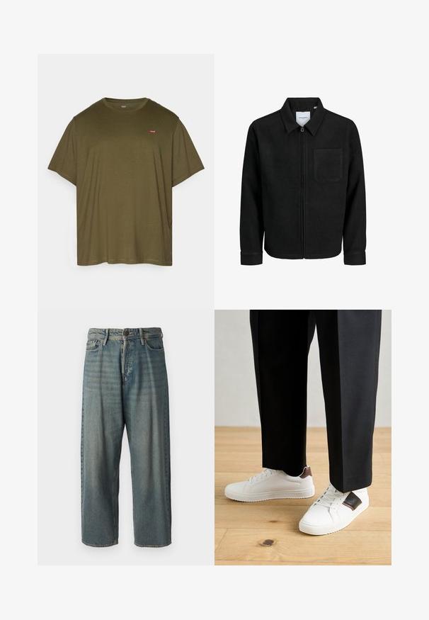 Jachetă neagră cu fermoar, cu guler și un singur buzunar pe piept, expusă pe fundal alb.; Levi's® Plus BIG ORIGINAL TEE - Tricou basic - olive night; Jeans din denim bleu deschis, cu o croială lejeră, talie medie și picioare drepte. Au cinci buzunare, bucle pentru curea și închidere cu nasture.; Sneakers albe cu textură netedă, având accente din piele maro și detalii negre, asociate cu pantaloni negri pe măsură. Fundal din podea din lemn.