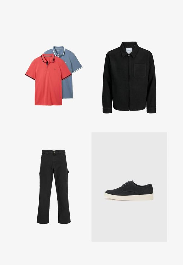 Zwarte zip-up jas met kraag en enkele borstzak, weergegeven op een witte achtergrond.; Twee poloshirts: één koraal met donkere afwerking en één lichtblauw met witte accenten. Beide hebben korte mouwen en een klassieke kraag.; Zwarte cargobroek van een katoenmix. Heeft wijde pijpen, schuin voorzakken en een zijzak met een lus voor accessoires.; Zwarte suède veterschoenen met een ronde neus, een lichte roomkleurige zool en subtiele blauwe stikselaccenten op het bovenwerk.