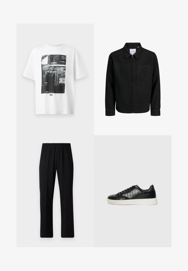 Zwarte zip-up jas met kraag en enkele borstzak, weergegeven op een witte achtergrond.; Witte katoen t-shirt met een zwart-wit foto print van vier figuren in een bus, met tekst en grafische elementen gerelateerd aan een theater en busroute.; Zwarte, elastische broek met rechte pijpen, met een gladde textuur en zonder zichtbare patronen of hardware.; Zwarte sneakers met een gestructureerde leren bovenkant met krokodilpatroon, een ronde neus en een contrasterende witte rubberen zool met een gladde afwerking.