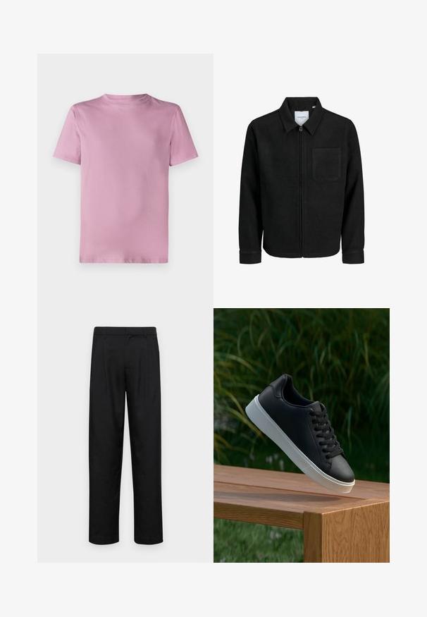 Čierna zipsová bunda s golierom a jednou náprsníkou, vystavená na bielom pozadí.; Ružová bavlnená tričko s okrúhlym výstrihom, krátkymi rukávmi a hladkou textúrou. Jednoduchý, bezvýzdobový dizajn bez log a vzorov.; Čierne nohavice vyrobené z hladkej tkaniny, s rovnými nohavicami, dvoma prednými skladmi a štandardným pásom s pútkami na opasok.; Čierne kožené tenisky s hladkým povrchom, biela gumená podrážka a šesť dierok na šnúrky, vystavené na drevenom povrchu.
