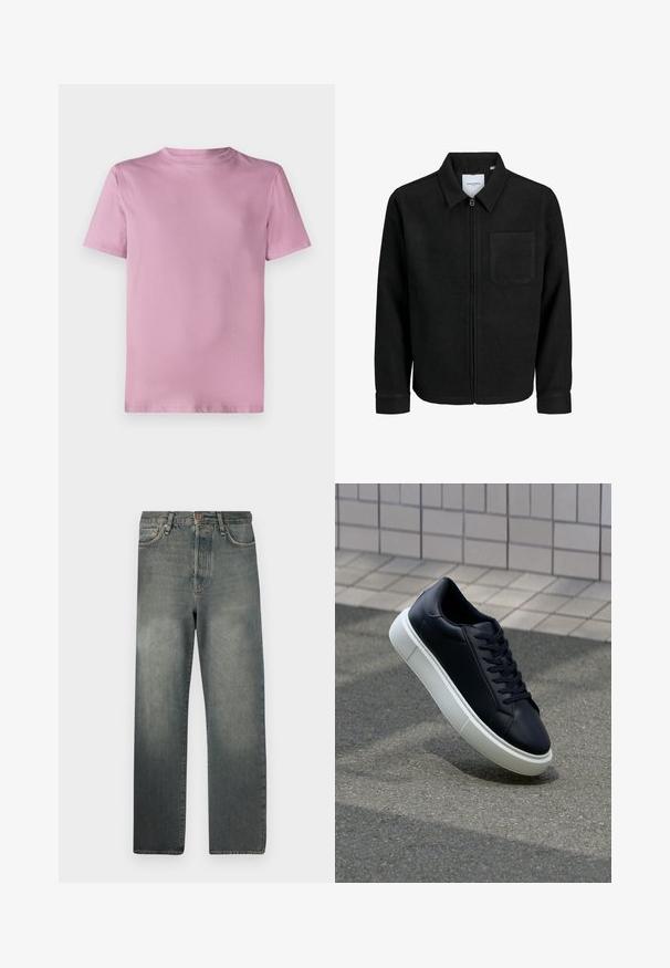 Giacca nera con zip, colletto e una tasca sul petto, mostrata su sfondo bianco.; T-shirt in cotone rosa con collo rotondo, maniche corte e una texture liscia. Design semplice e non decorato, senza loghi o fantasie.; Jack & Jones JJIALEX JJCOOPER - Jeans baggy - black denim; Sneaker in pelle nera con punta arrotondata e suola in gomma bianca. Presenta lacci piatti e cuciture minime sulla parte superiore. Suola testurizzata per una migliore aderenza.