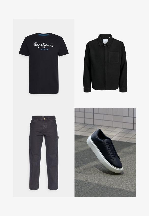Mustaga lukuga jakker, millel on krae ja üks rinna-tasku, esitatud valgel taustal.; Mustvalge puuvillane T-särk, millel on valge script logo "Pepe Jeans" sinise aktsendiga, ümar kaelus ja lühikesed varrukad. Lihtne, ühtlane disain.; Tumehallid cargo-püksid, mis on valmistatud vastupidavast kangast, sirge lõikega, viie tasku ja nupuga kinnitusega vööl.; Mustast nahast tennisetoss, millel on ümar nina ja valge kummist tall. Omab siredaid paelu ja minimaalset õmblemist ülemises osas. Tekstuuriga tald, mis tagab haakuvuse.