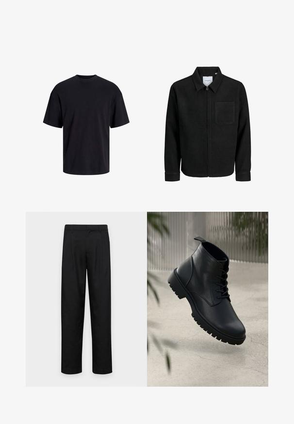 Sort lynlåsjakke med krave og en enkelt brystlomme, vist på hvid baggrund.; Sort bomulds t-shirt med rund hals, korte ærmer og en afslappet pasform. Glat tekstur uden synlige mønstre eller accenter.; Sorte bukser lavet af glat stof, med et lige ben-design, to frontfolder og en standard talje med bæltestropper.; Sorte læder ankelstøvler med rund tå, snørebåndsdesign og robust gummisål. Glat tekstur med en løkke bagpå.