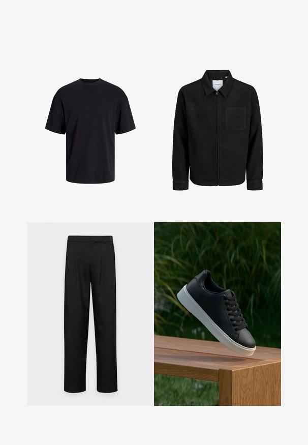 Čierna zipsová bunda s golierom a jednou náprsníkou, vystavená na bielom pozadí.; Čierne bavlnené tričko s okrúhlym výstrihom, krátkymi rukávmi a uvoľneným strihom. Hladká textúra bez viditeľných vzorov alebo akcentov.; Čierne nohavice vyrobené z hladkej tkaniny, s rovnými nohavicami, dvoma prednými skladmi a štandardným pásom s pútkami na opasok.; Čierne kožené tenisky s hladkým povrchom, biela gumená podrážka a šesť dierok na šnúrky, vystavené na drevenom povrchu.